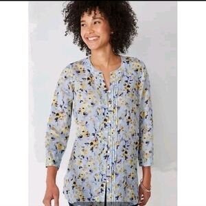 J.Jill Love Linen Womens Blue Floral Tunic Blouse Coastal Shirt Size XL